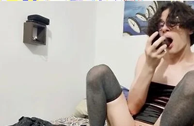Twink In Dress And Chastity Play With His Dildos