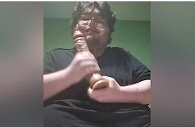 Fat Male In Chastity Sucking A Dildo And Drooling Like A Waterfall