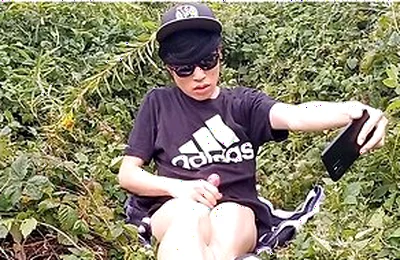 Cute French-asian Gay Twink Jerks Off His Shaved Cock Outside Cums Thick Cum Sticking To His Fingers