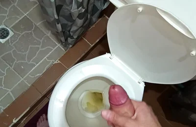Two Shots of Cum on the Pee in the Bathroom