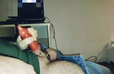Jerks of to Porn All Night. and Fills a Condom to Cum.