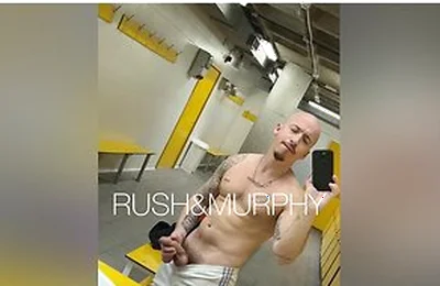 He Masturbates His Huge Cock In The Gym Showers While Muscular Straight Man Spies On Him