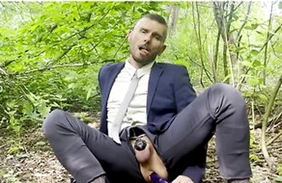 Suited Gentleman Is Spreading Legs Like Slut And Plays With His Malepussy With Locked Dick With Power Bottom