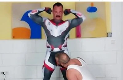 Muscle Daddy - Muscle Man Tries On Spandex Cosplay Suit With The Help Of His Muscle Stepdaddy