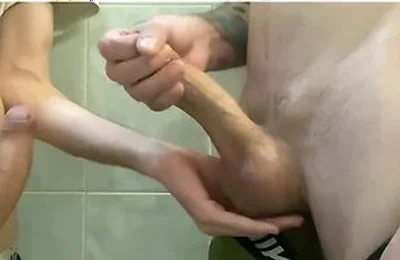 Two Young Guys Jerk Off Thick Cocks And Cum On Each Other - Uncut Cocks